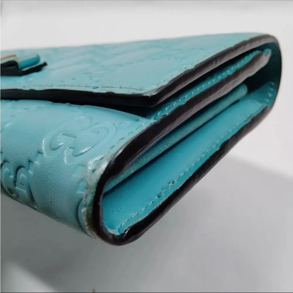 Auth Gucci Turquoise Blue GG Monogram MicroGuccisima Continental Wallet Bow - Picture 8 of 9